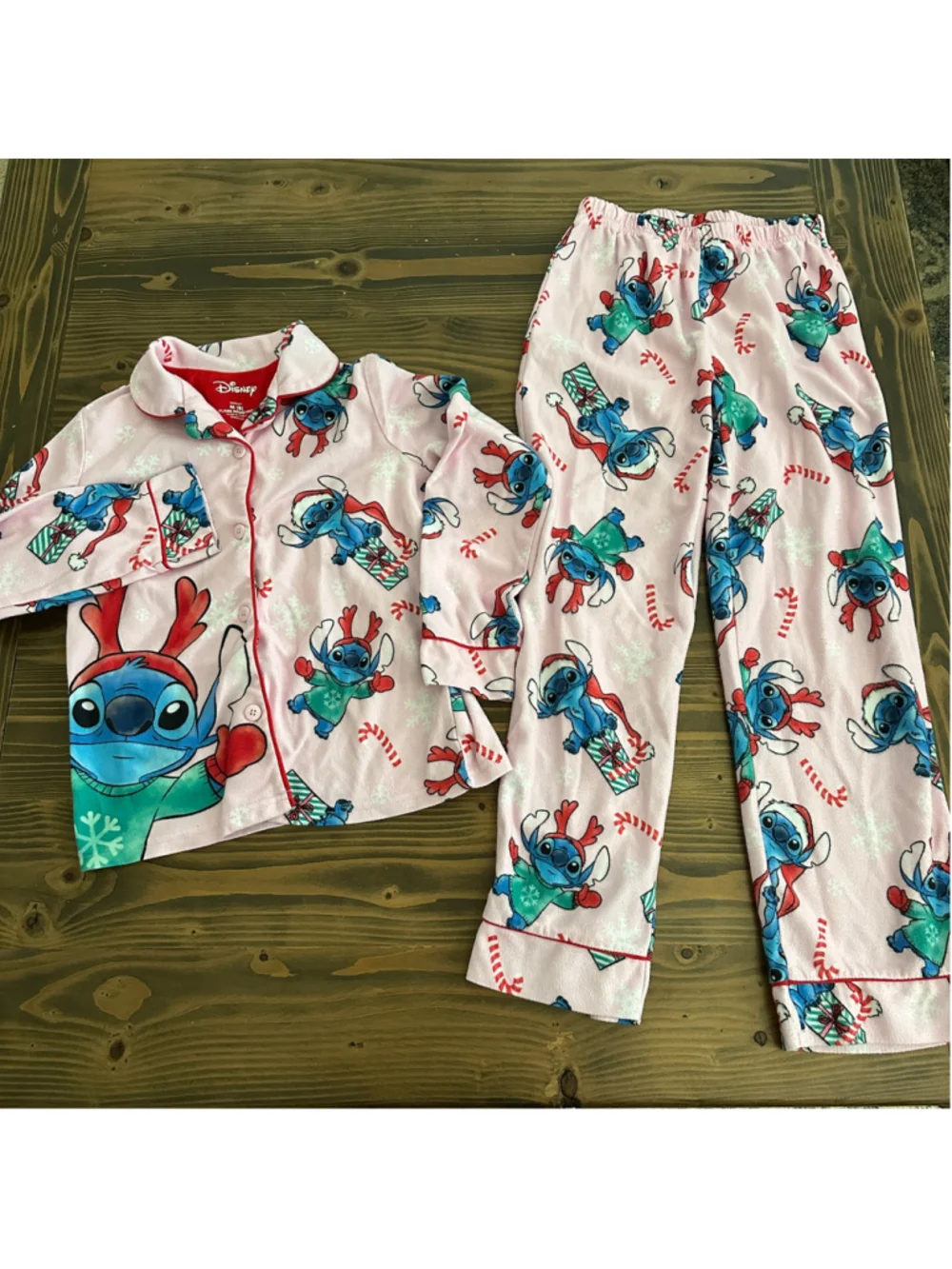 Disney Stitch Girls Christmas Pajama Set Size 8 M Pink Reindeer Fleece Holiday